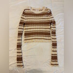 Billabong Cropped Ribbed Stretch Knit Stripe Sweater - Brown & Cream Size M